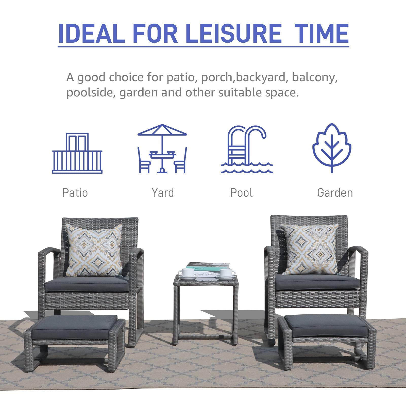 5 Piece Outdoor Patio Wicker Furniture Set with Ottomans Dark Grey R2315