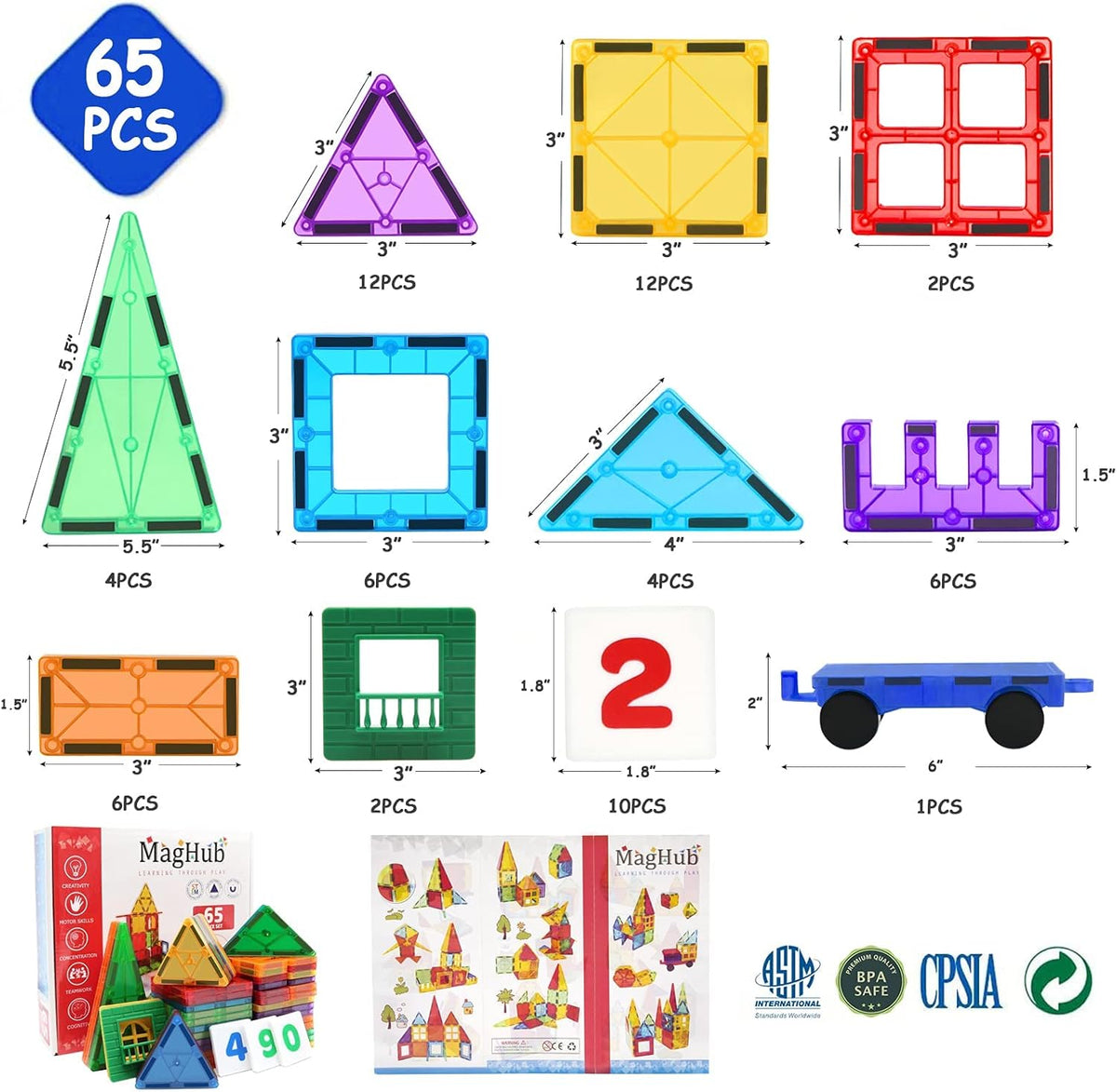 65 Piece Colorful Magnetic Building Blocks Set with Car T99455
