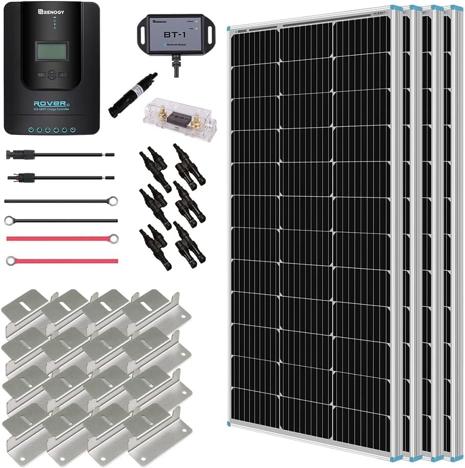 400 Watt 12 Volt 4 Pcs 100W Panel 40A MPPT Charge Controller Bluetooth Module Mounting Z Brackets Adaptor Kit Tray Cables Set Solar Power System J20521