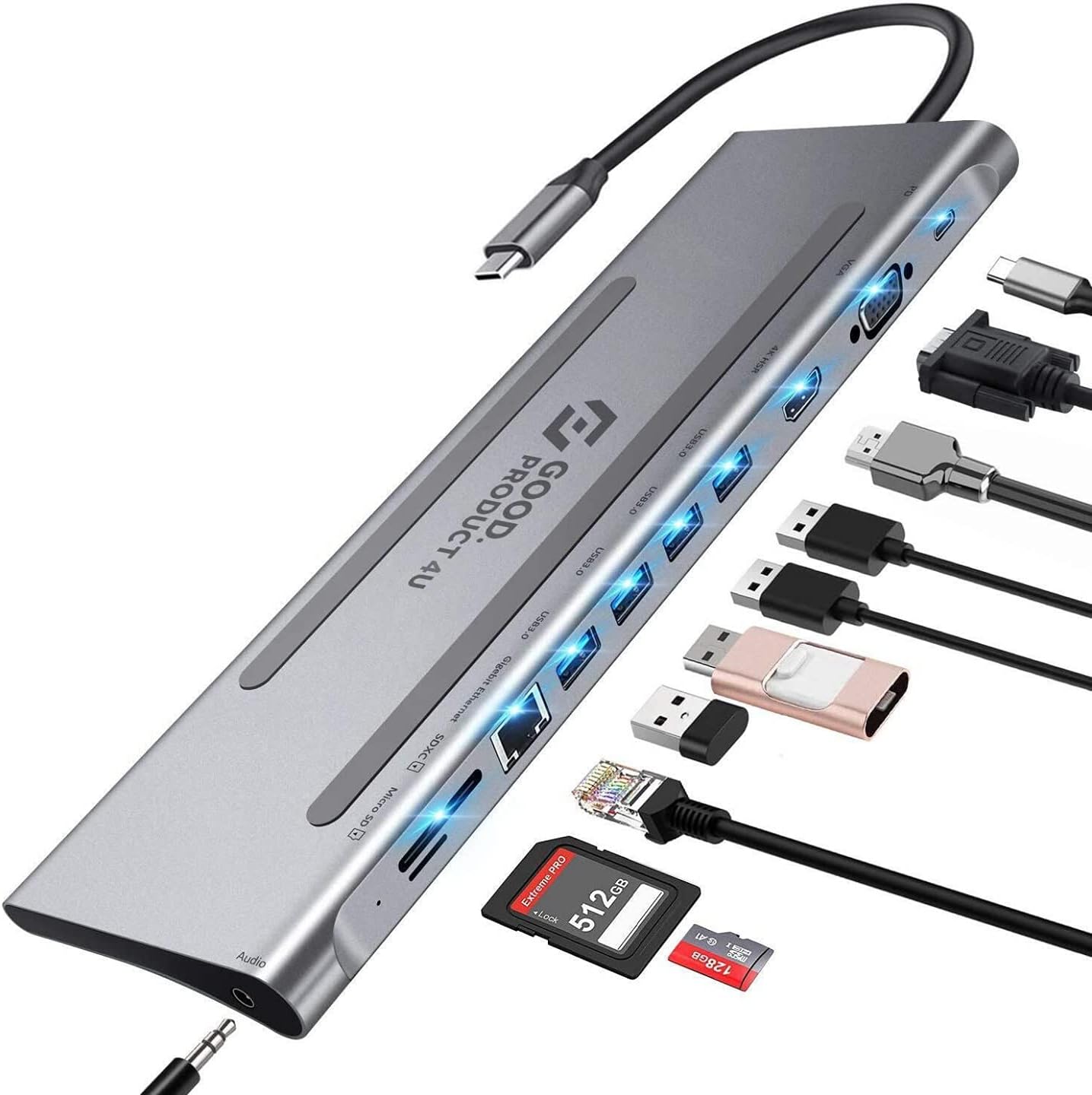 USB C Hub, 11-in-1, 100W Power Delivery, 4K 60Hz HDMI, USB C, 2 USB A, Ethernet, 3.5mm Audio, Micro SD and SD Card Reader K92236