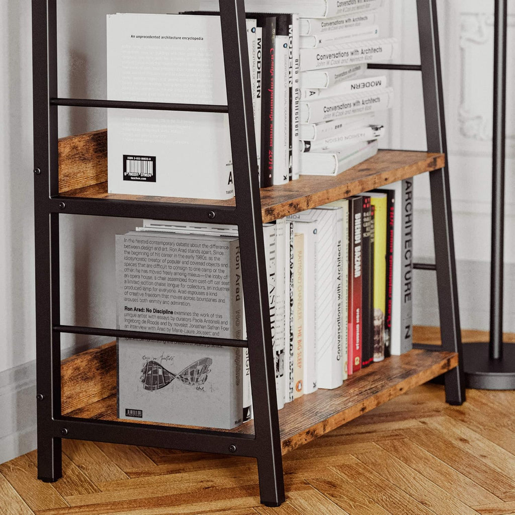 Industrial Bookshelves and Bookcases, Ladder Shelf 5 Tier with Metal Frame, Rustics Brown R92497