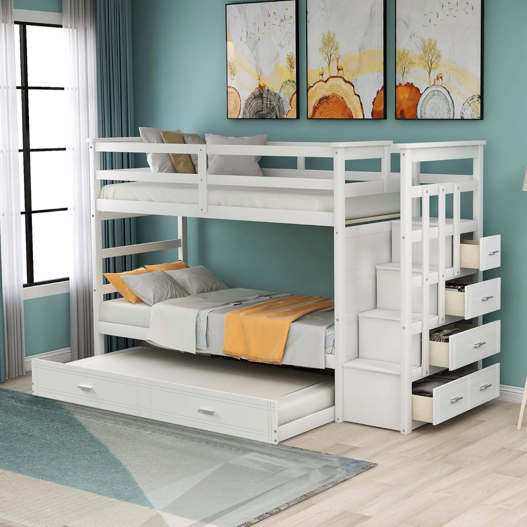 Grey Solid Wood Twin Over Twin Bunk Bed with Trundle and 4 Storage Drawers B411725
