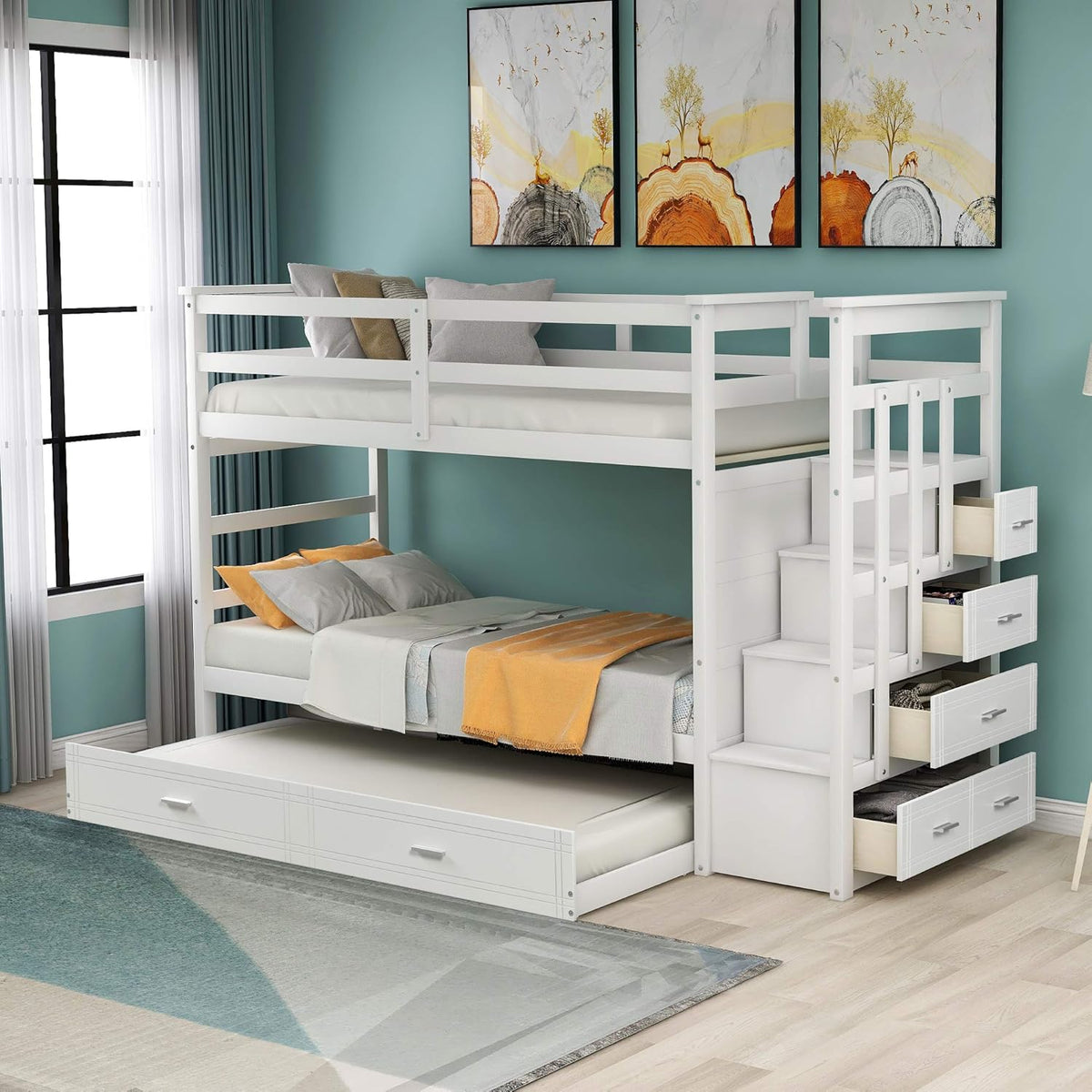 Grey Solid Wood Twin Over Twin Bunk Bed with Trundle and 4 Storage Drawers B411725