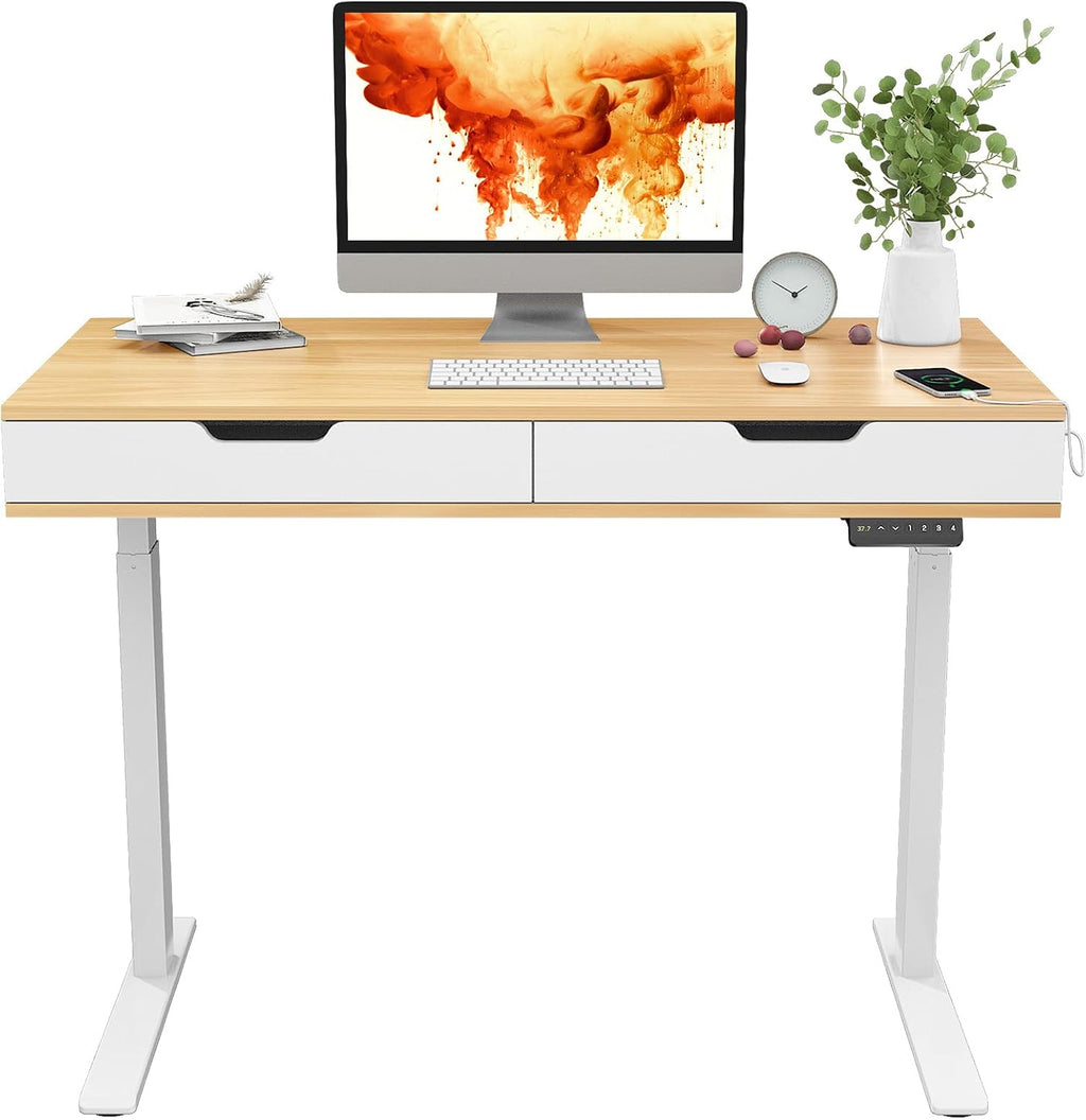 White Oak Electric Standing Desk with Drawers M572