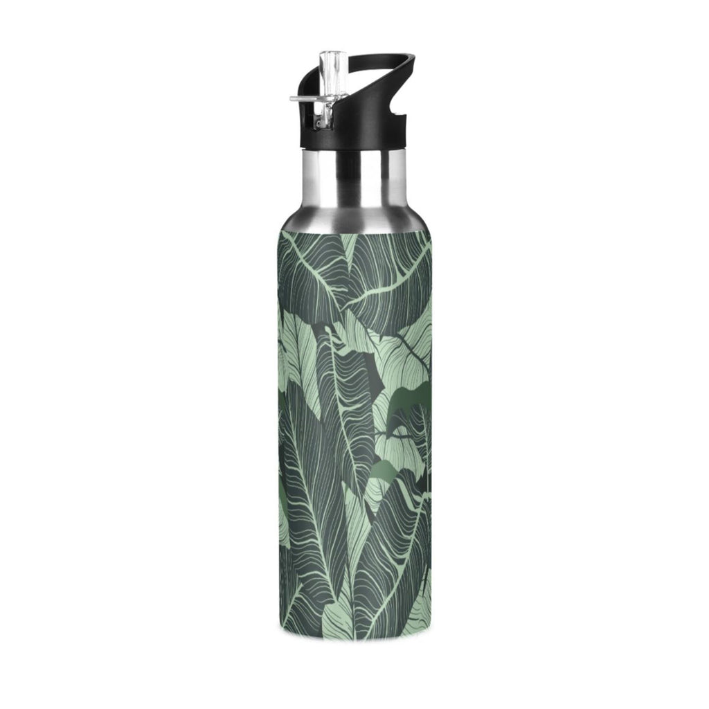 Tropical Green Leaves Stainless Steel Insulated Water Bottle with Straw Lid U5888