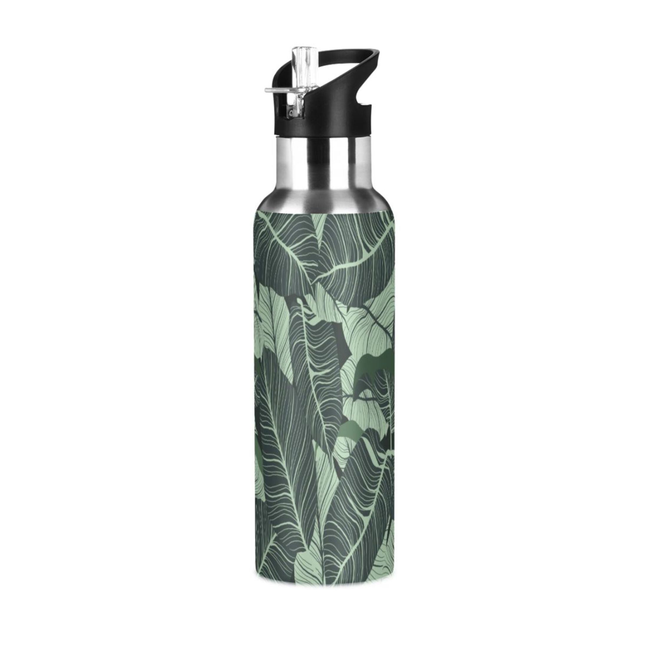 Tropical Green Leaves Stainless Steel Insulated Water Bottle with Straw Lid U5888