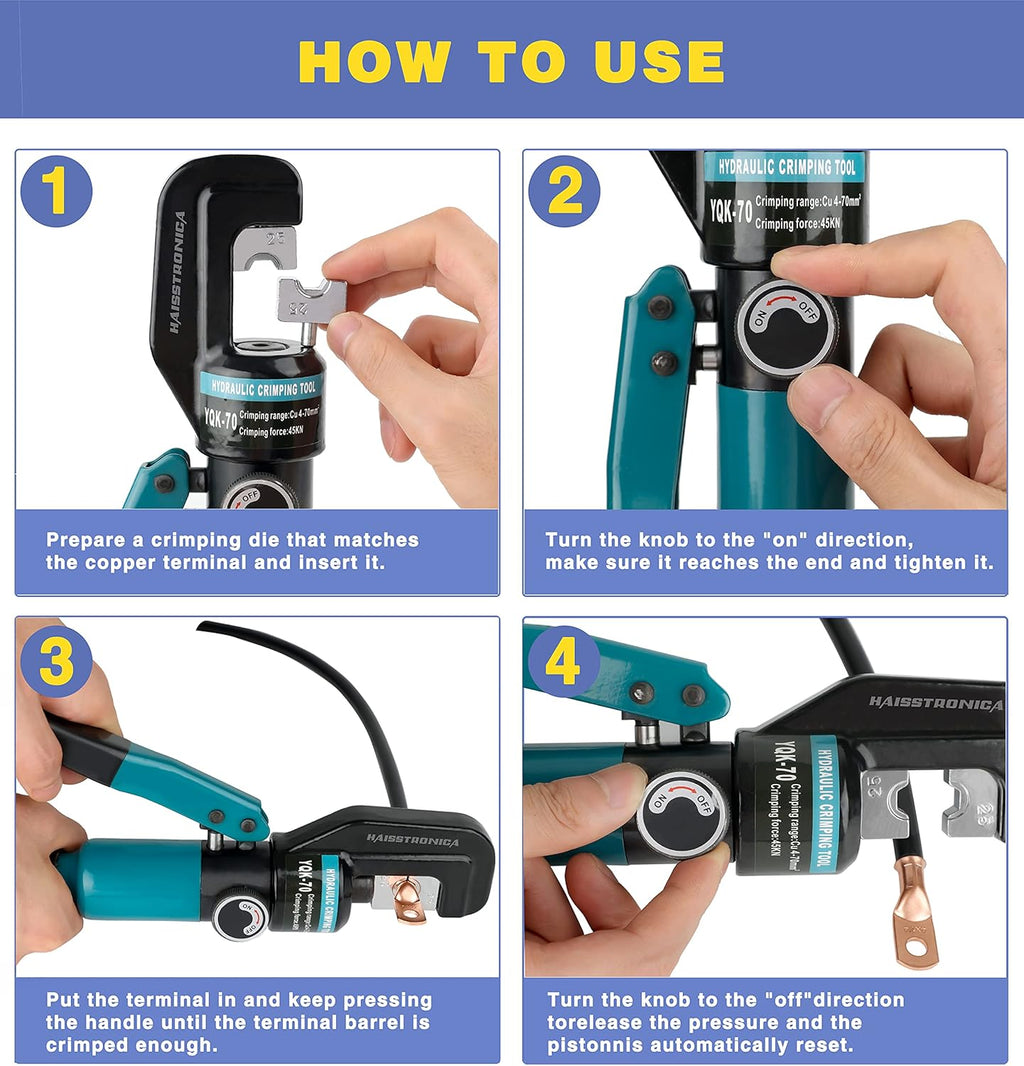 Hydraulic Battery Cable Lug Crimping Tool, AWG 12-2/0, 9 Pairs of Dies K5114