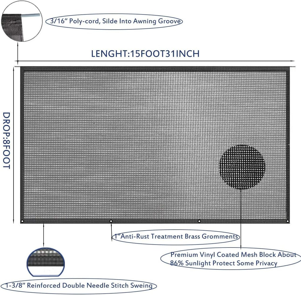 15'X8' Black Mesh RV Awning Shade Screen with Zipper I756