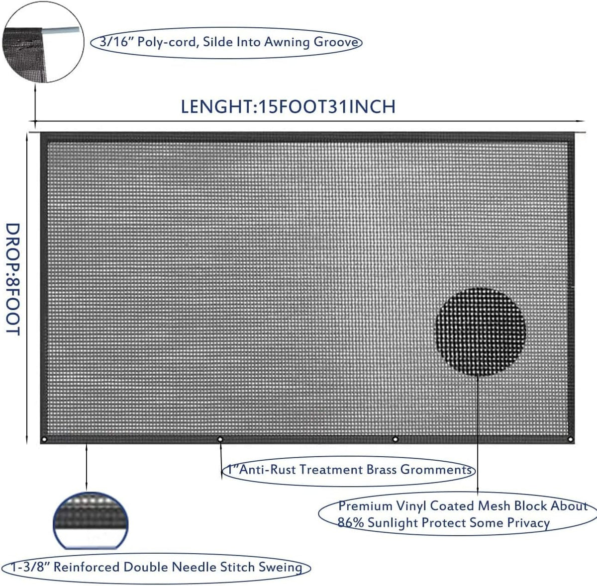 15'X8' Black Mesh RV Awning Shade Screen with Zipper I756