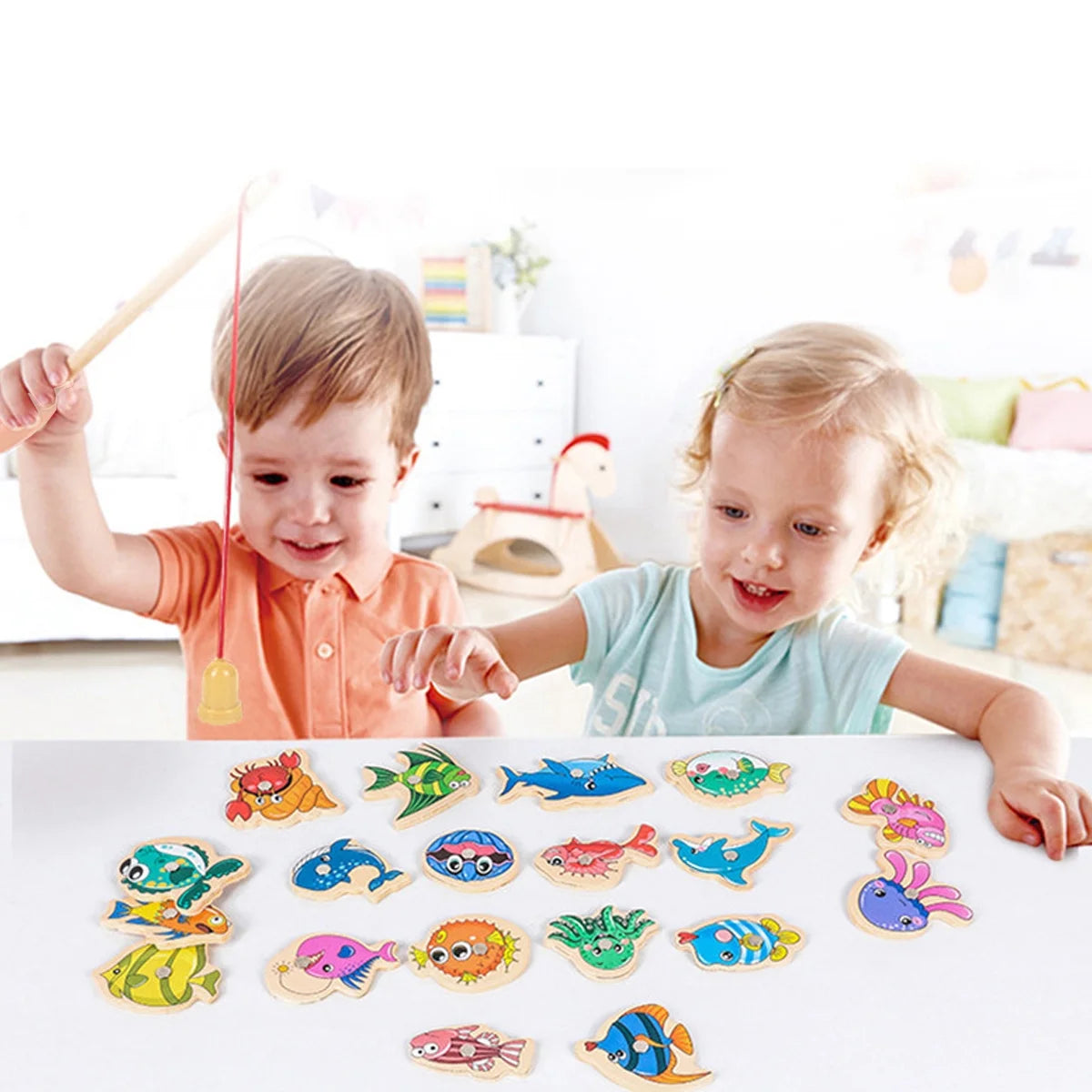 Magnetic Fishing Game Toys Set with Wooden Fish Rod W780066