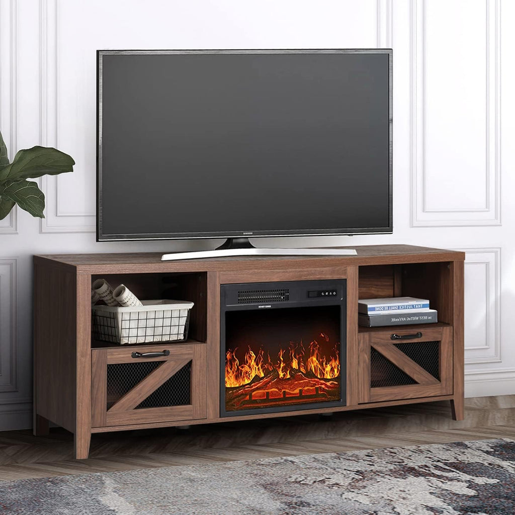 Barn Door Wood Electric Fireplace TV Stand with Storage Cabinets and Infrared Heater I803559