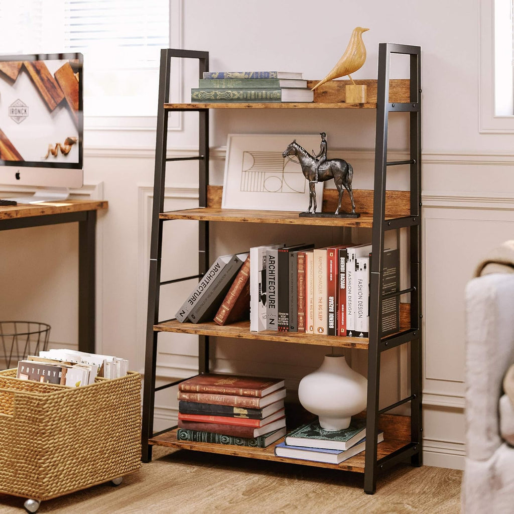 Industrial Bookshelves and Bookcases, Ladder Shelf 5 Tier with Metal Frame, Rustics Brown R92497