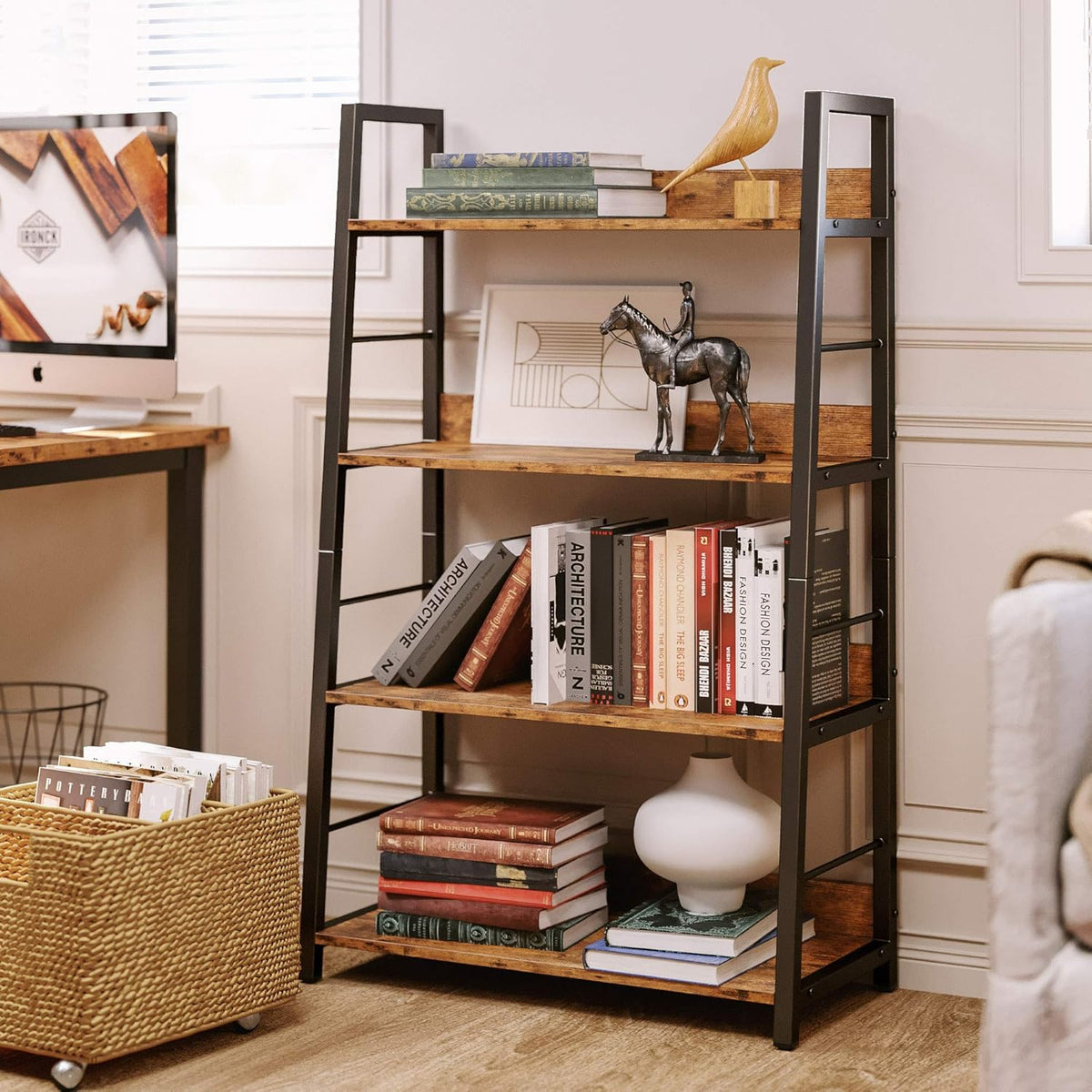 Industrial Bookshelves and Bookcases, Ladder Shelf 5 Tier with Metal Frame, Rustics Brown R92497