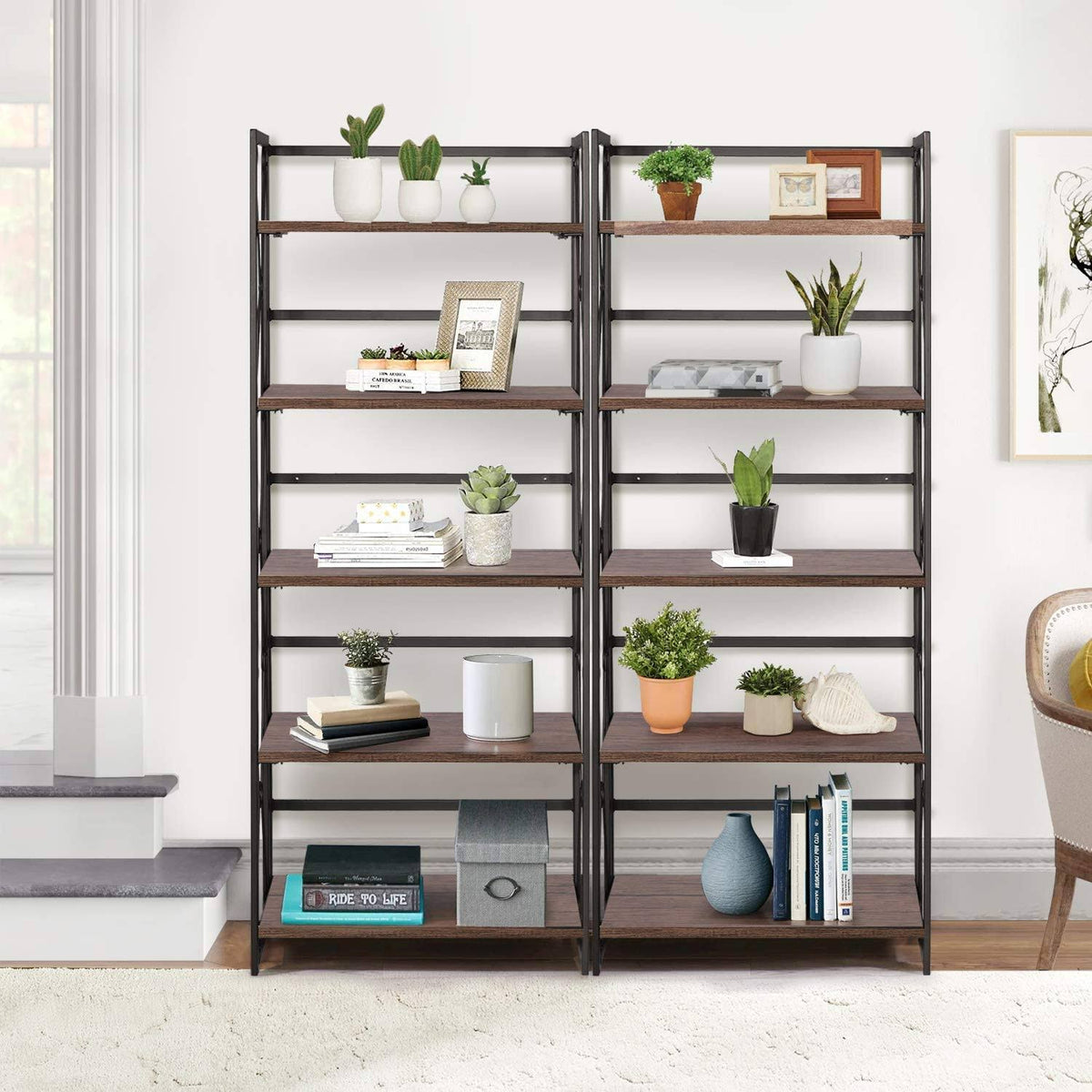 5 Tier Bookshelf Set of 2 with Metal Fram D795542