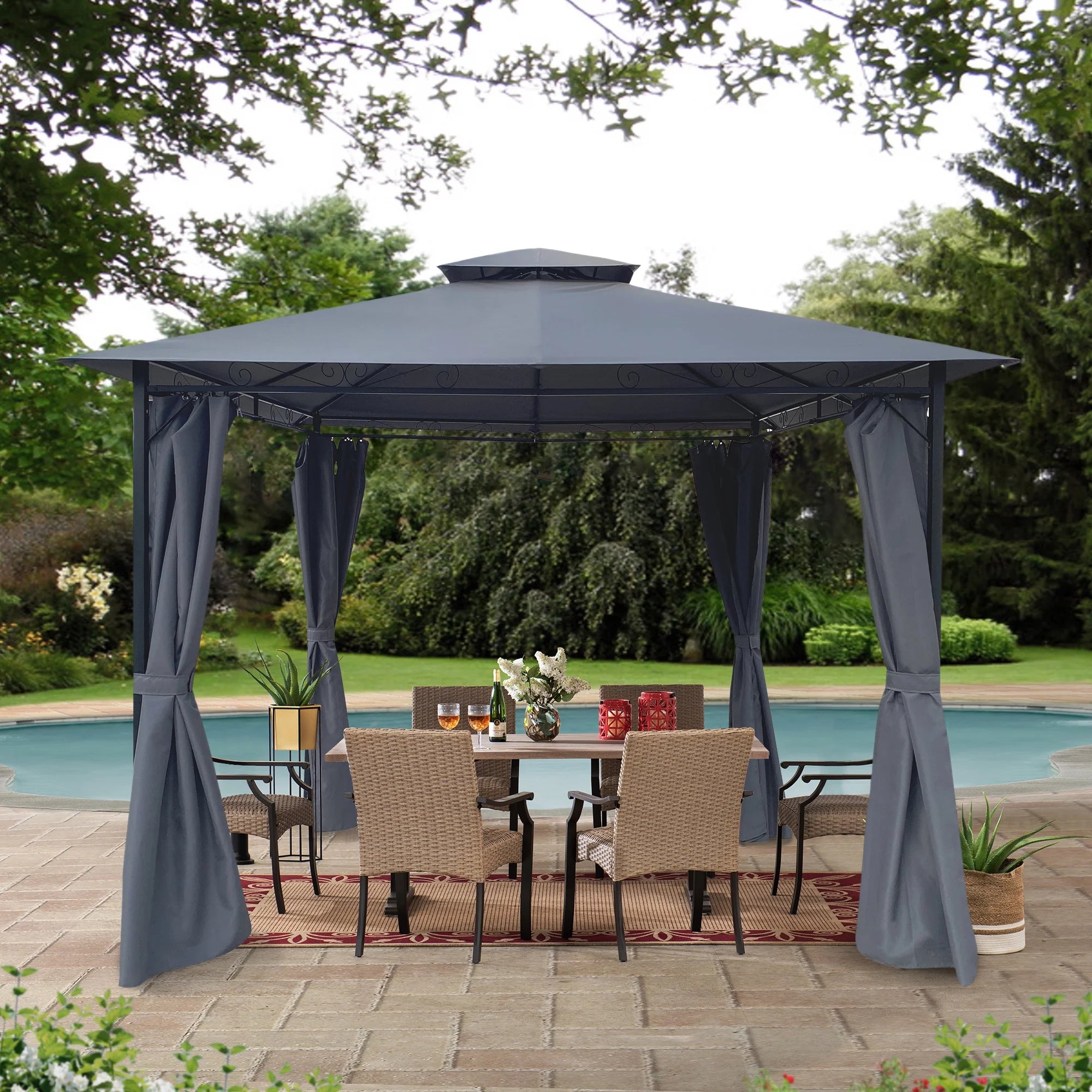10x10 Ft Outdoor Patio Gazebo Canopy With Curtains, Gray S3753