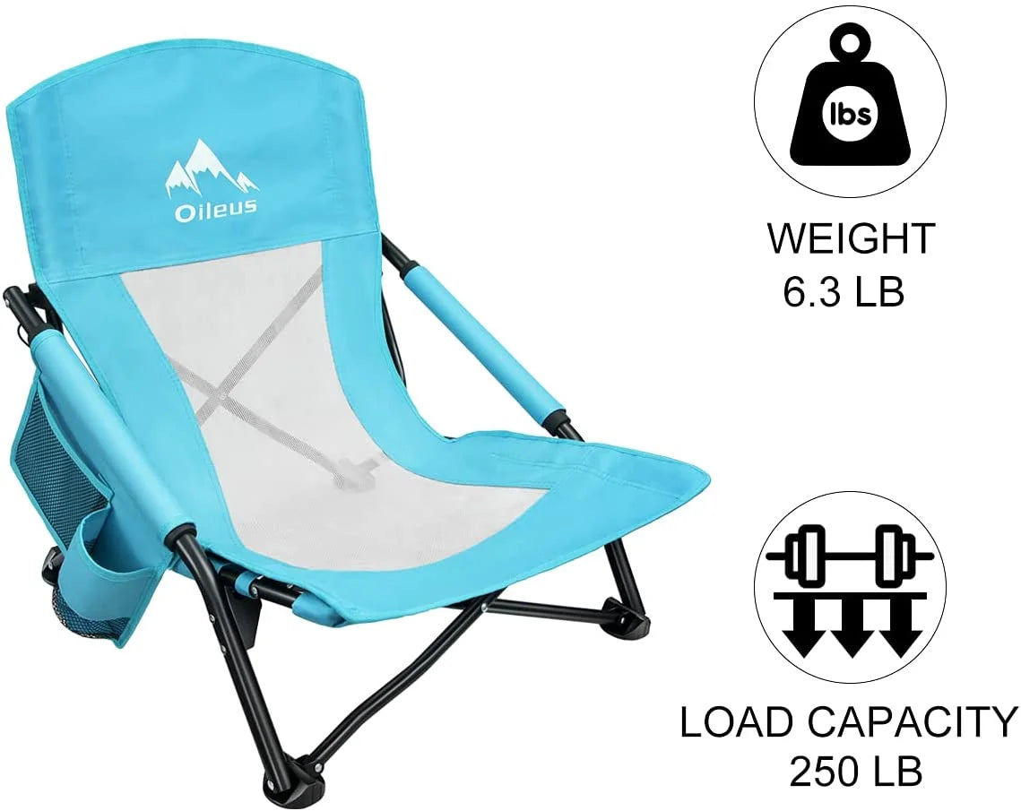Low Beach Chair with Cup Holder & Storage Bag, Blue 1 Pack Z704