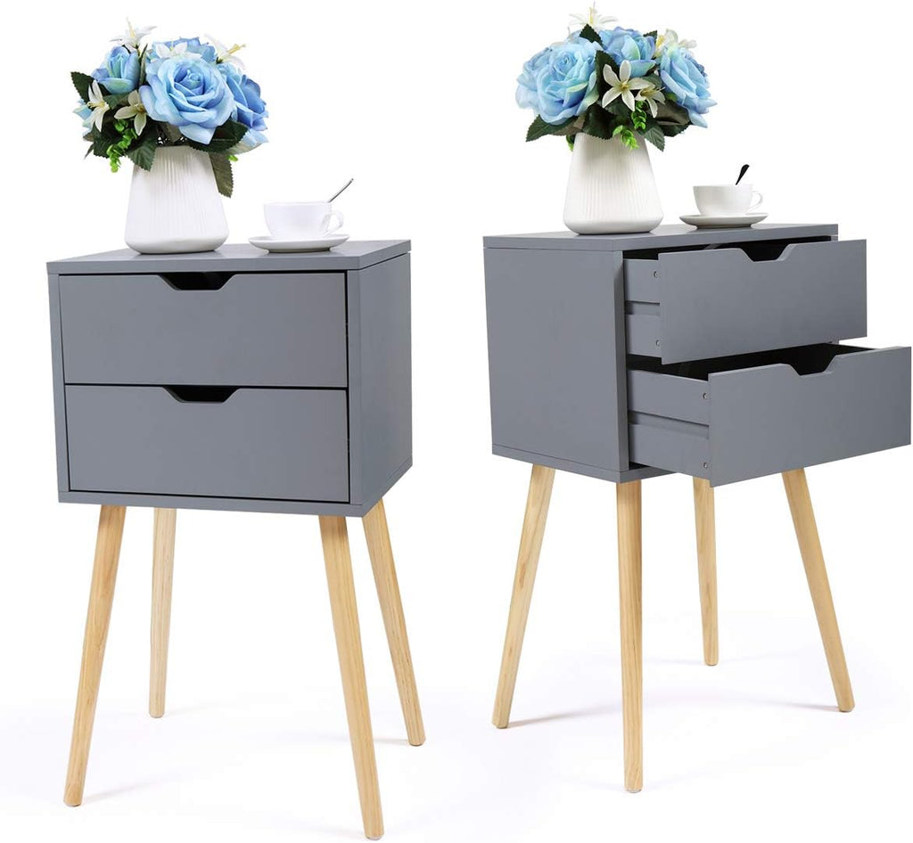 Set of 2 White & Walnut Wood Nightstand End Table J653804