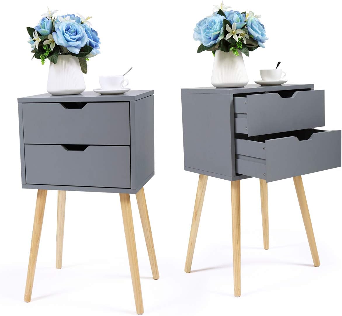 Set of 2 White & Walnut Wood Nightstand End Table J653804