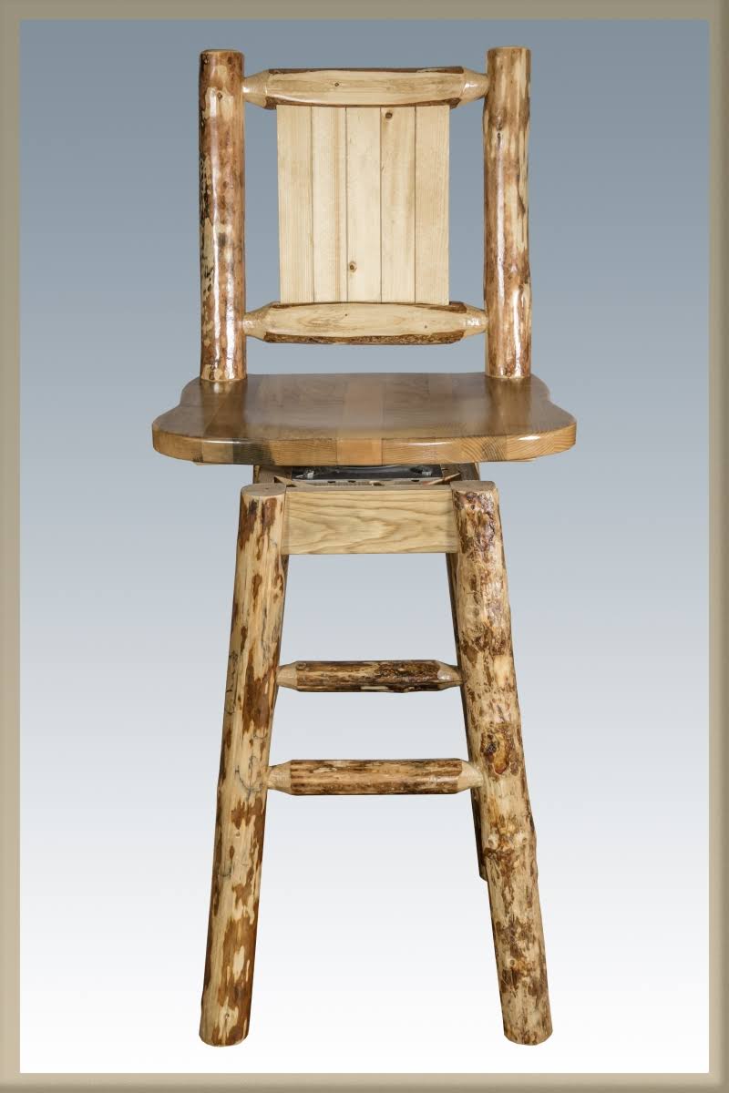Glacier Country Barstool with Back & Swivel with Laser Engraved Wolf Design R852215