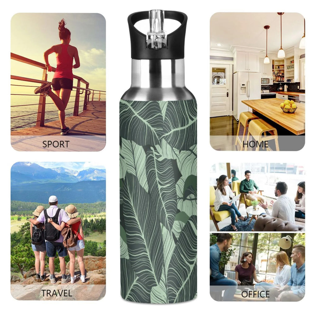 Tropical Green Leaves Stainless Steel Insulated Water Bottle with Straw Lid U5888