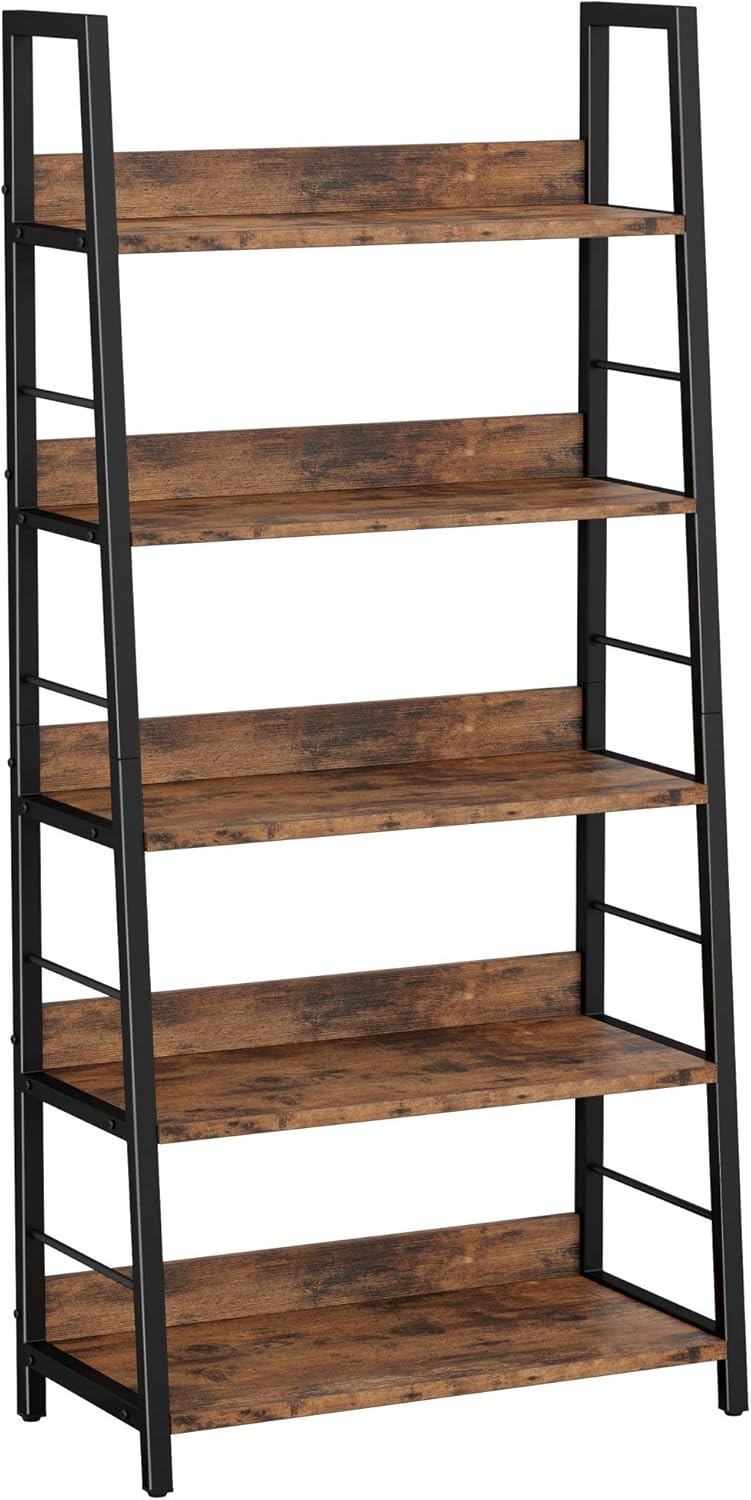 Industrial Bookshelves and Bookcases, Ladder Shelf 5 Tier with Metal Frame, Rustics Brown R92497