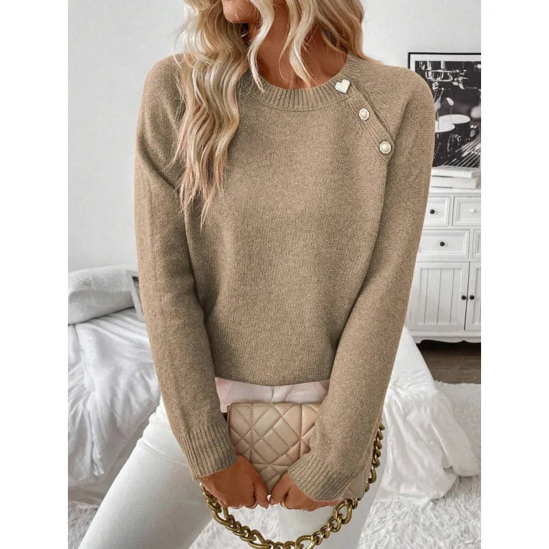 Casual Ladies Knitwear Diagonal Button Cotton Blends Spring Summer Long Sleeve Solid Color Daily Wear