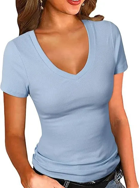 Summer  Women's Slim Fit V-Neck Short Sleeve Pure Color T-Shirt Casual Style New Fashion Top Quality Cotton Polyester
