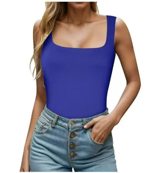 New  Summer New Women's Square Collar Sleeveless Double Layer Vest Basic Tight T-Shirt Black
